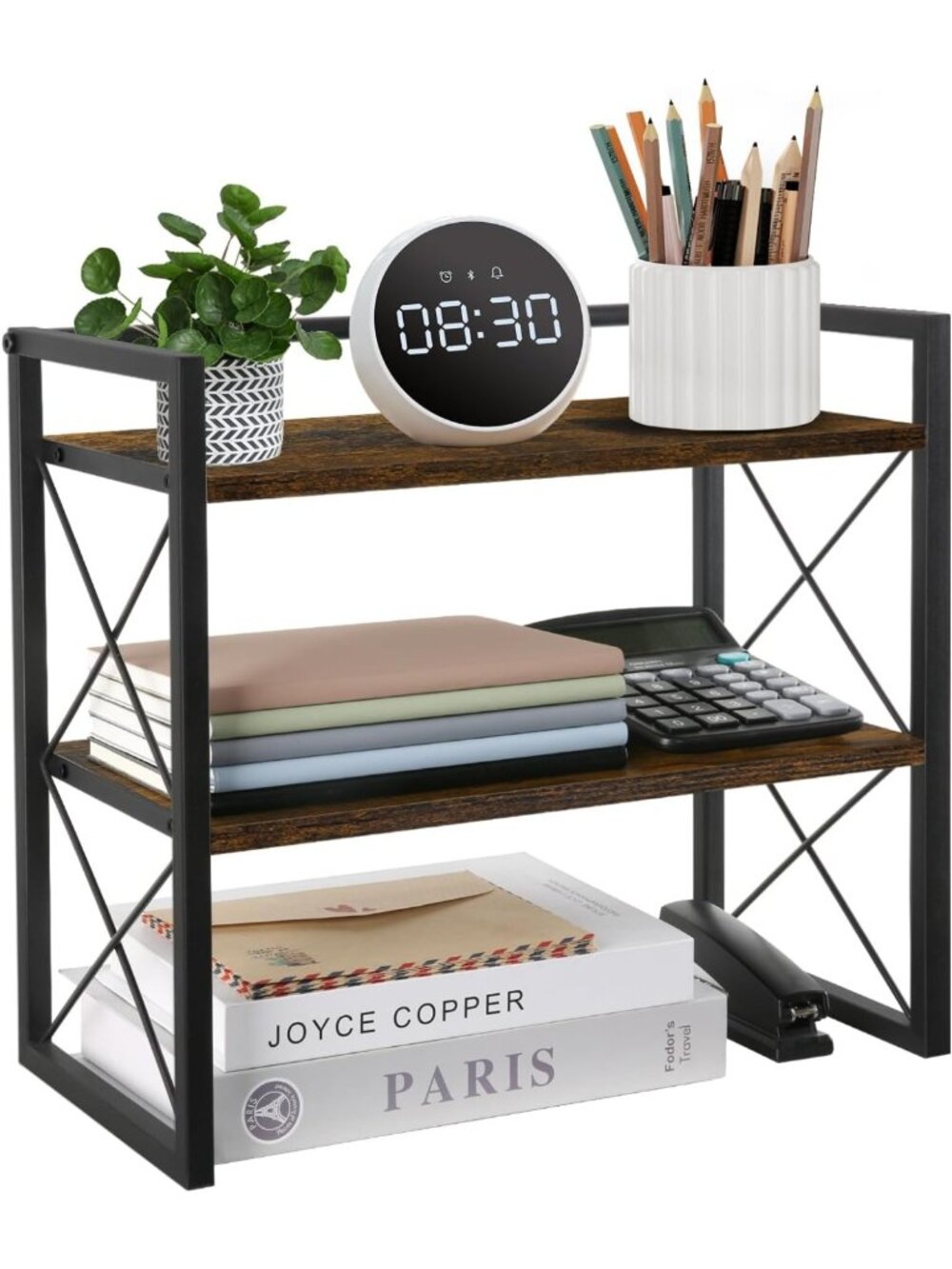 2-Tier Wood Desktop Shelf Organizer - Freestanding Storage Rack for Office